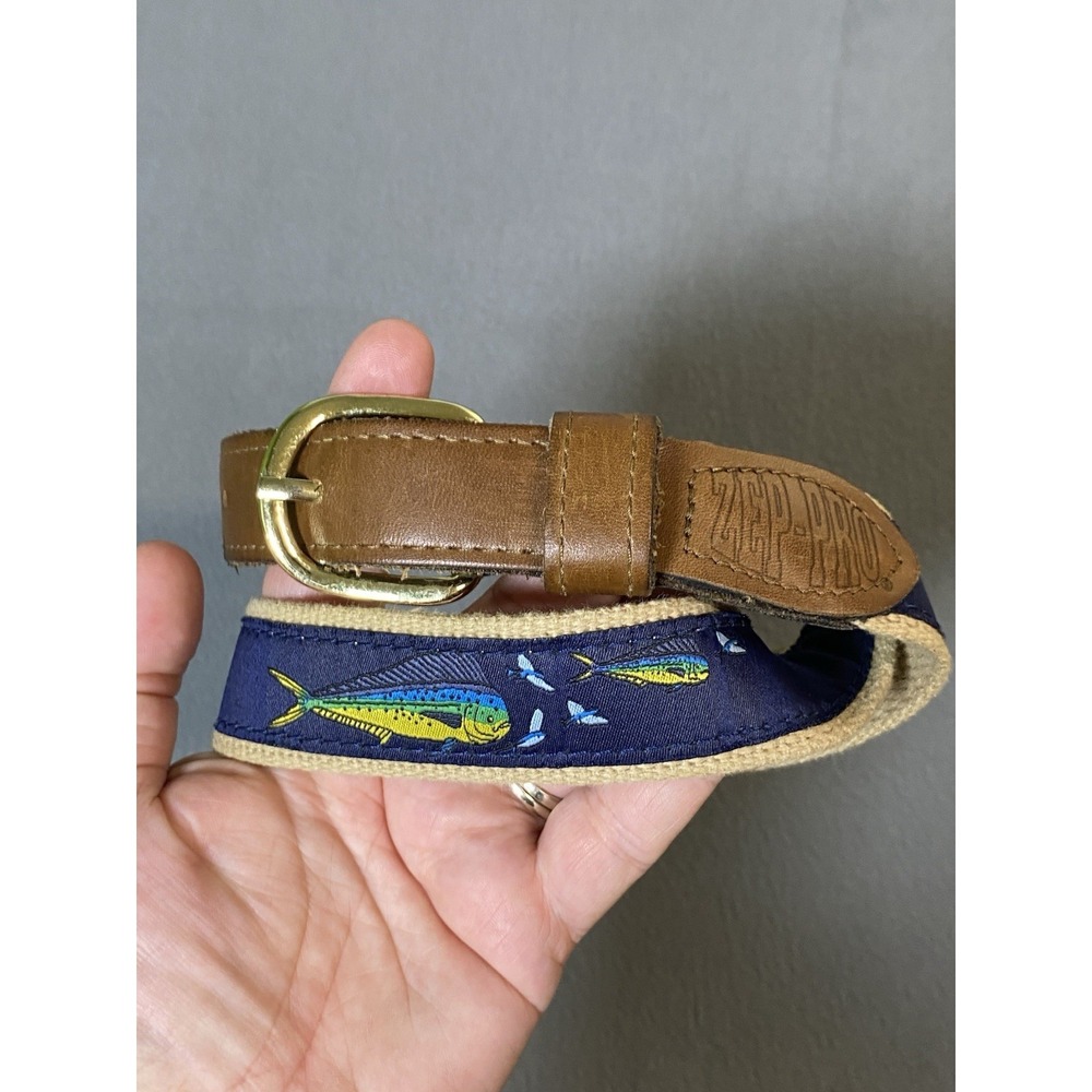 Zip-Pro Men's Canvas & Leather Mahi/ Dolphin Fish Embroidered Belt Size 28